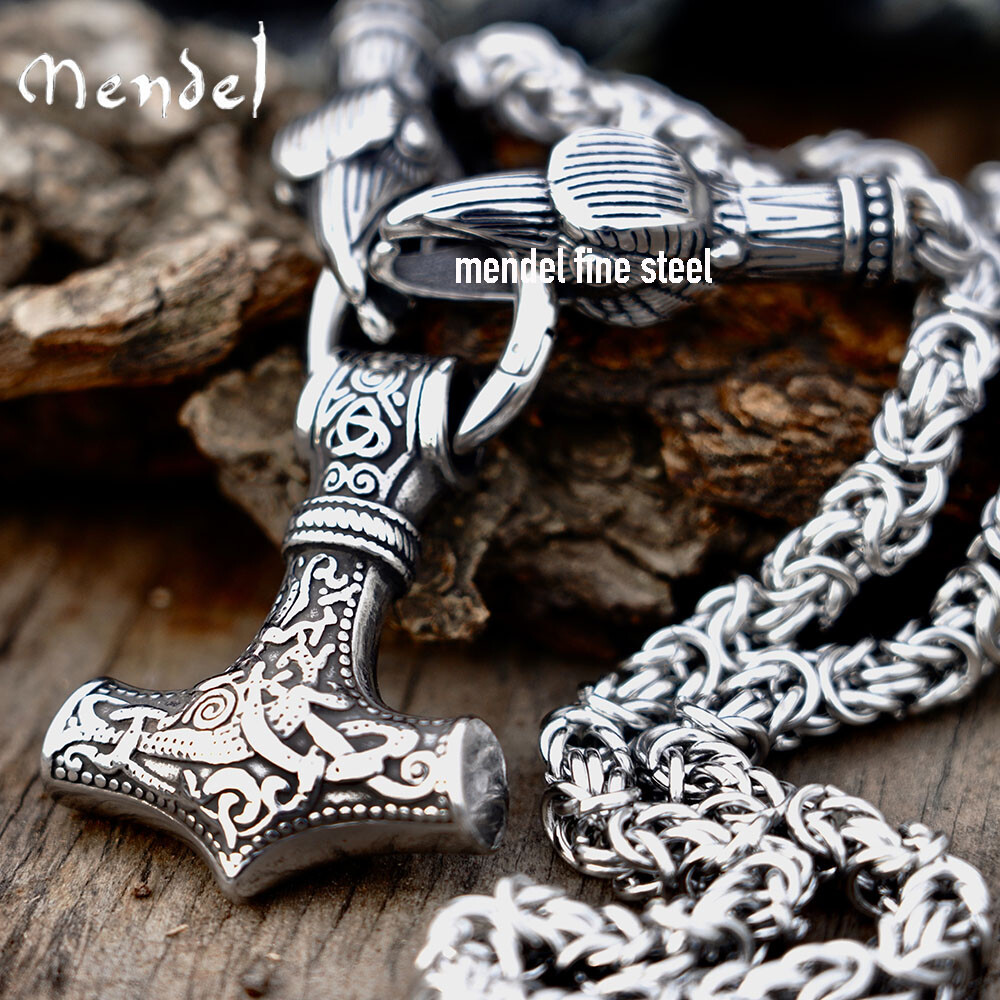 MENDEL Mens 30 Inch Large Big Viking Thors Raven Mjolnir Pendant Necklace Chain