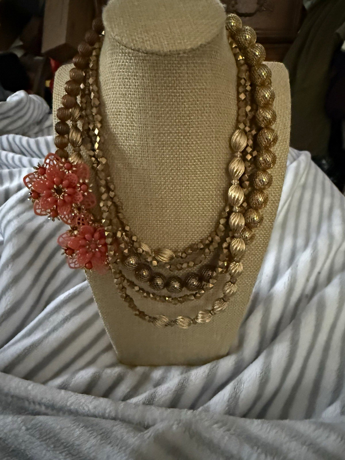 Gold Tone Multi-Strand Beaded Necklace Pink Flower Pendant Toggle Closure
