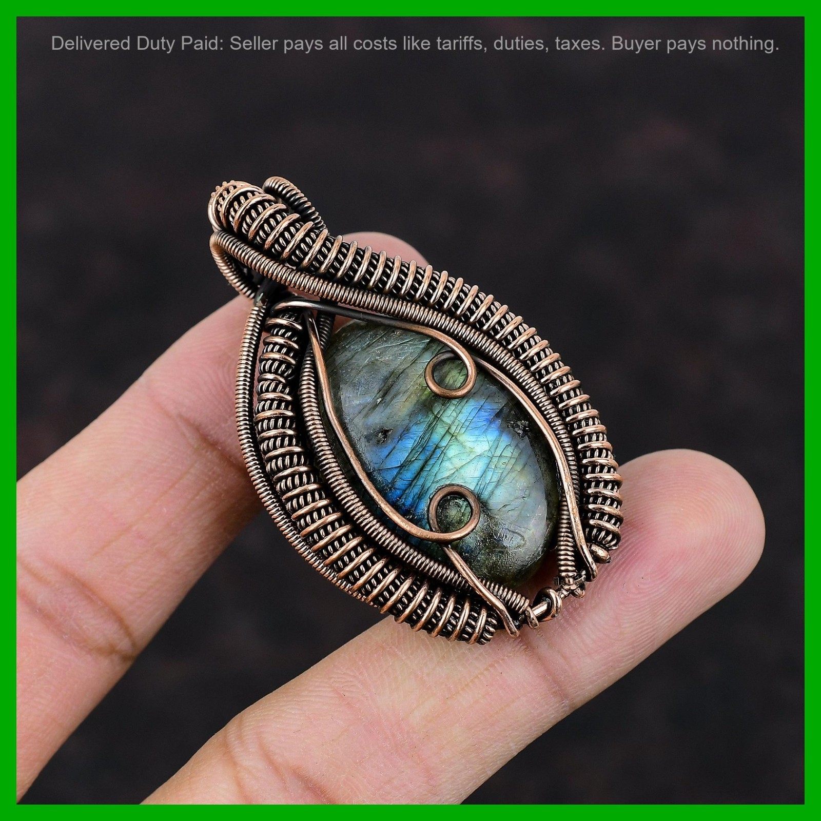 Valentines Deal Oval Labradorite Stone Copper Handcrafted Wire Wrapped Pendant