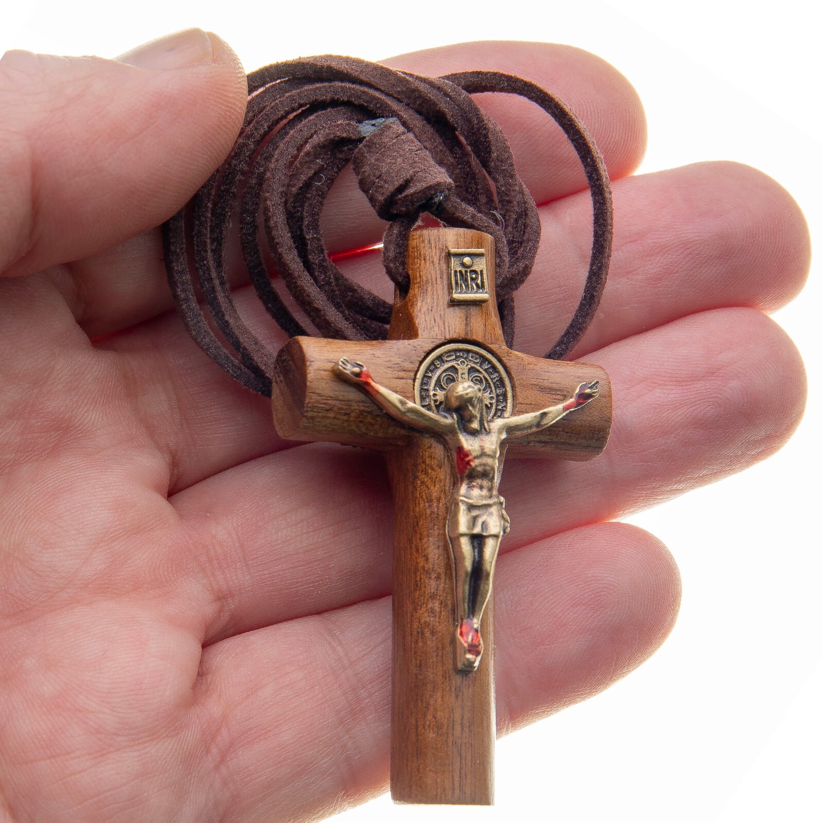Wooden Cross Crucifix St Benedict Necklace Leather Cord Men Women Adjustable