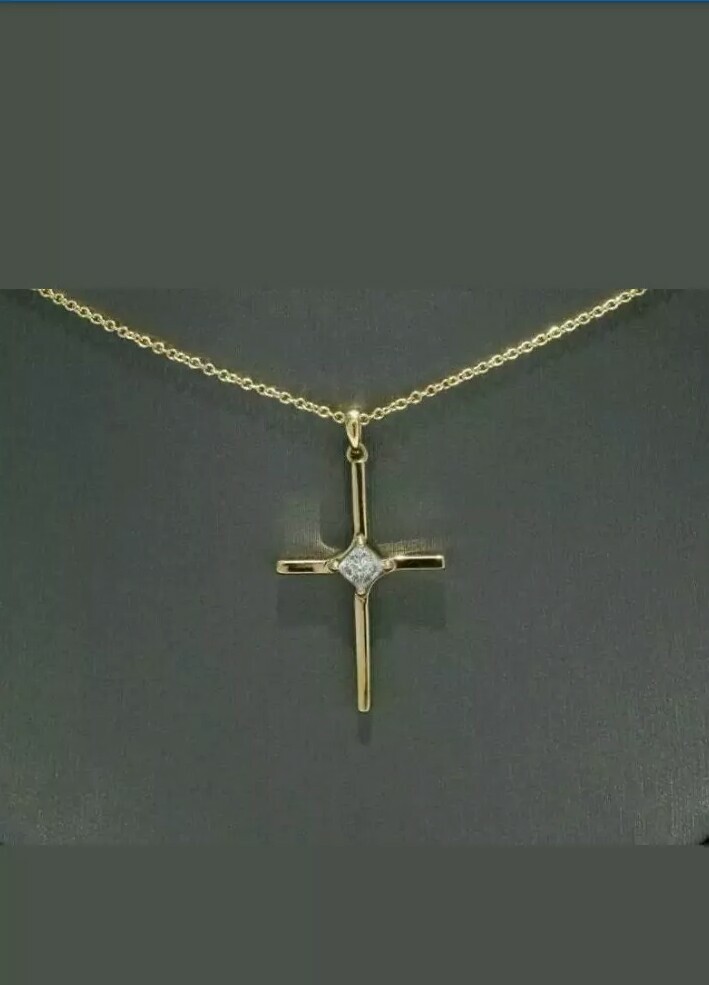 3.5mm Princess Simulated D Cross Diamond necklace in 14k Yellow Gold Plated