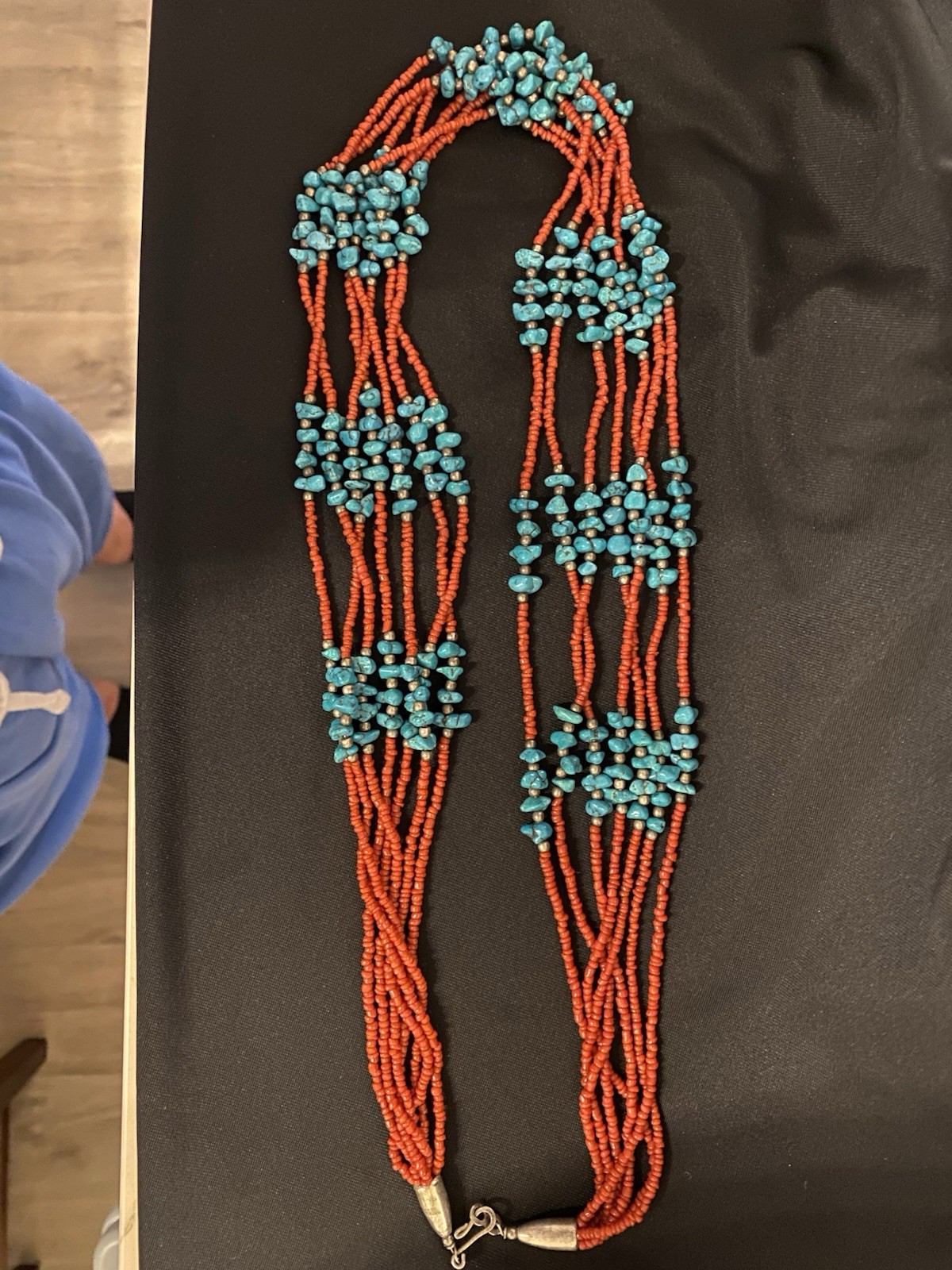 Multi-Strand Beaded Statement Necklace Orange Blue Silver Tone Hook Clasp