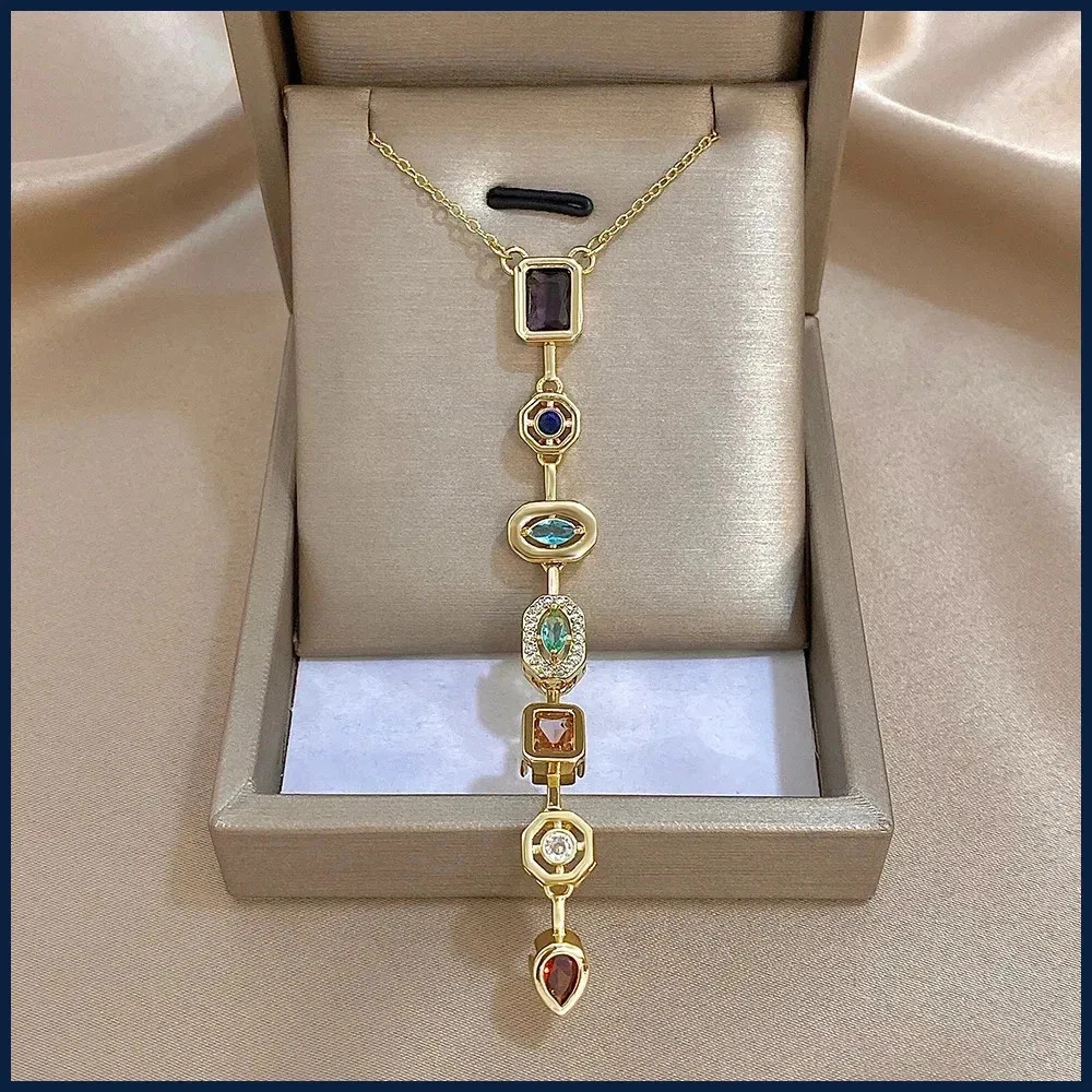 Vintage Geometric Colorful Zircon Long Pendant Necklace for Women Gold Plated