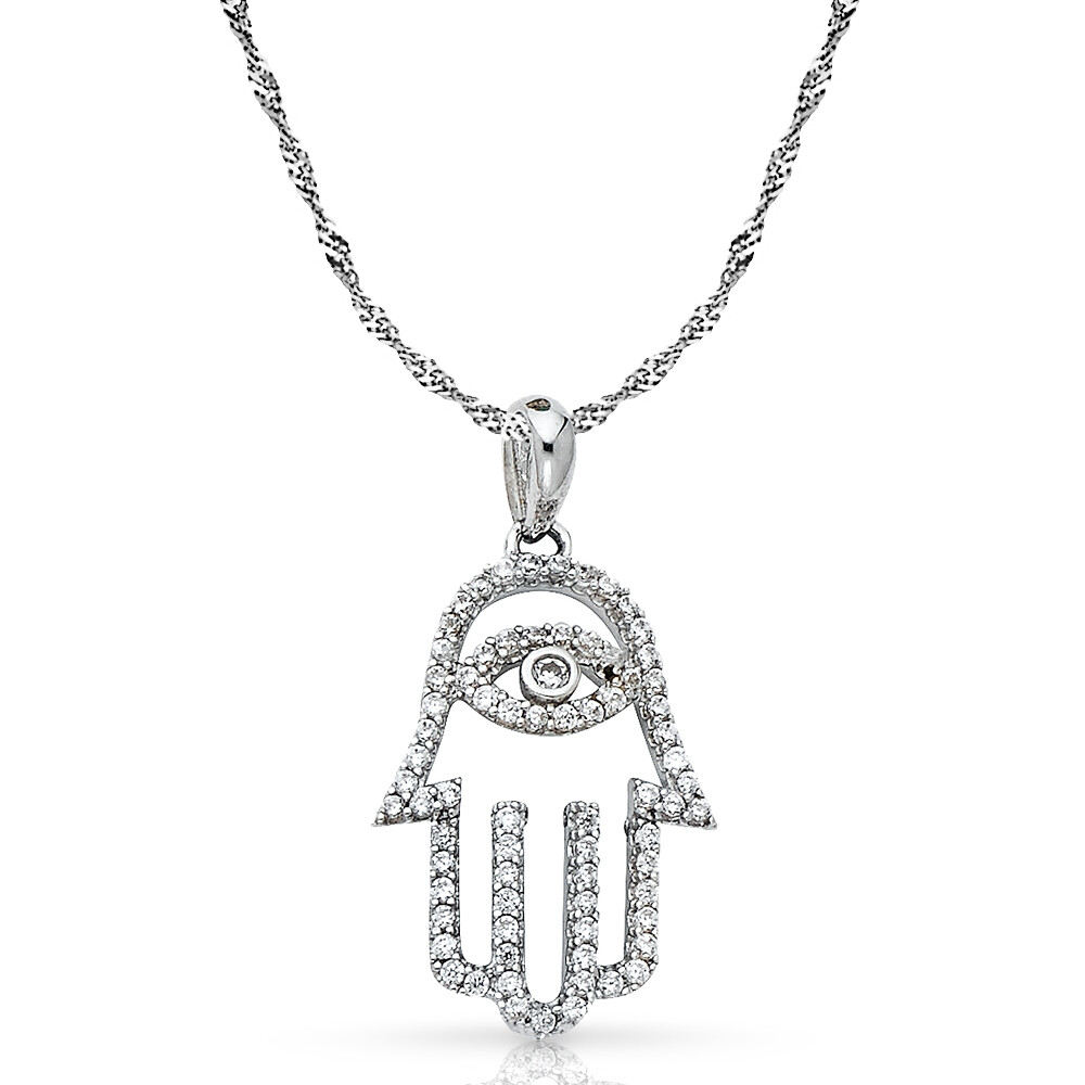 14K White Gold Evil Eye CZ Charm Pendant & 1.2mm Singapore Chain Necklace