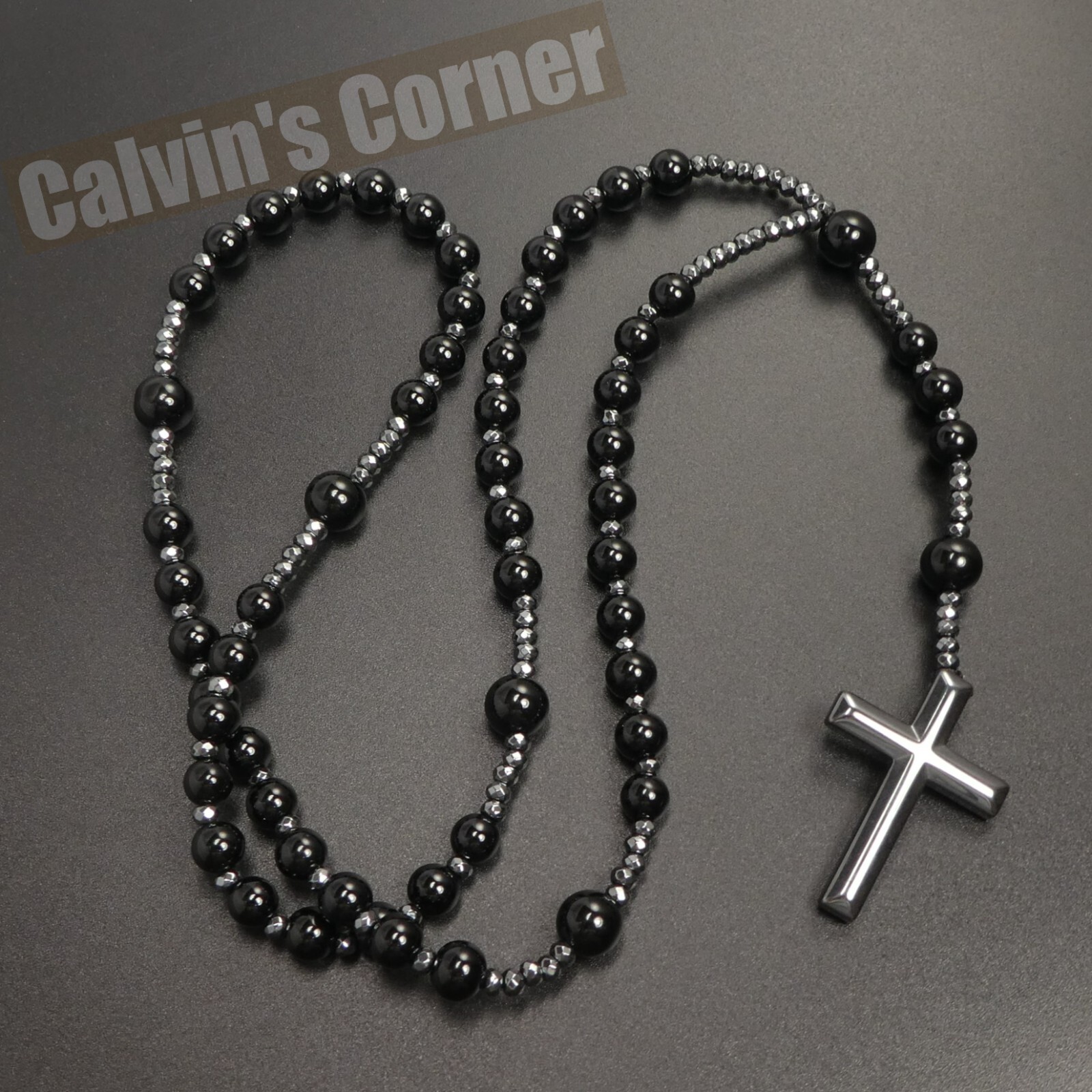 Black Onyx Bead Hematite Cross Rosary Necklace Catholic Men Women Gift Hanging