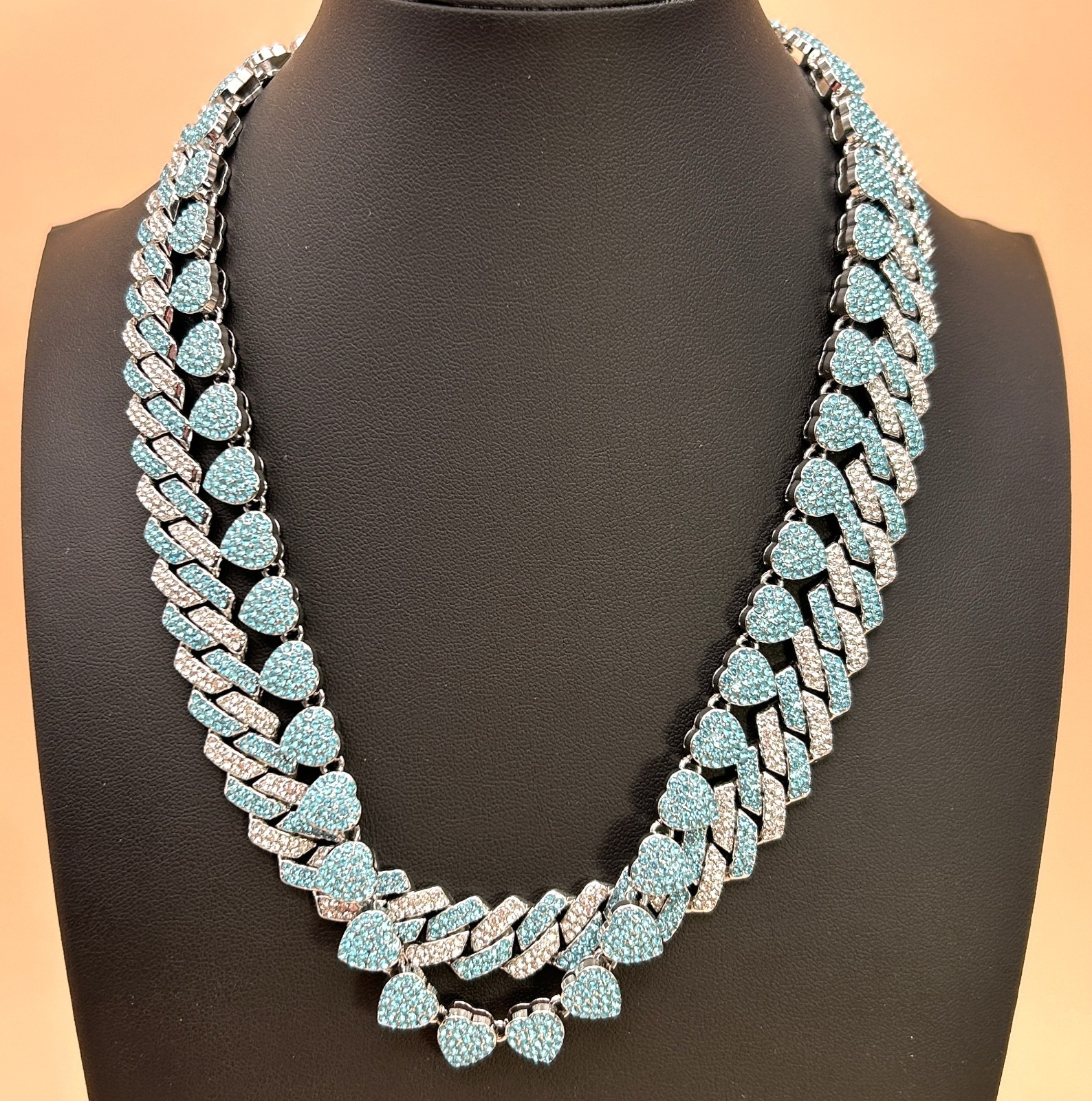 Blue Rhinestone Cuban Link & Heart Chain Necklace Set Statement Jewelry
