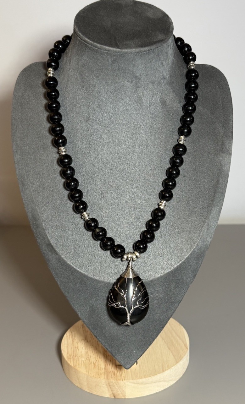 Statement Necklace Obsidian Beads & Silver Tone Wire Wrapped Obsidian Pendant