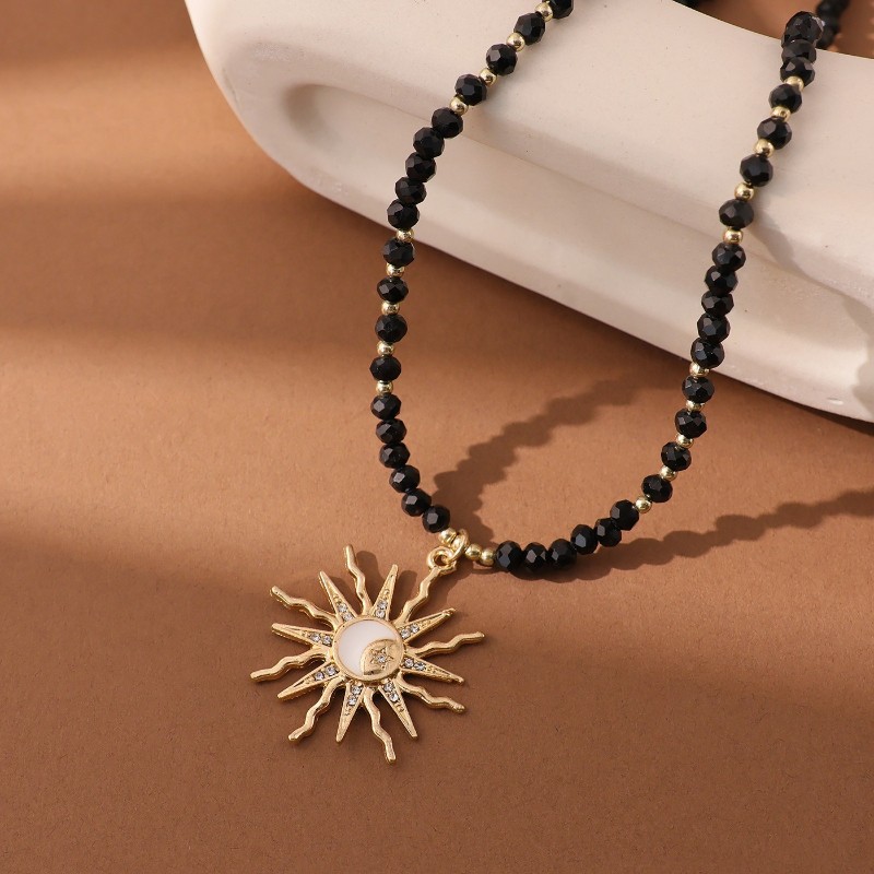 Women’s Fashion Beads Necklace Inlaid Rhinestones Alloy Sun Pendant Necklace