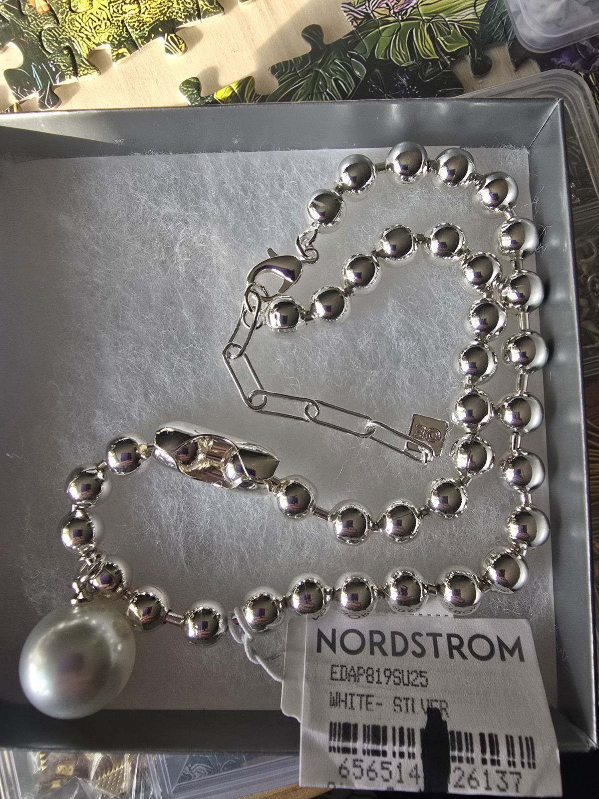 Nordstrom Silver Beaded Necklace with White Pearl Pendant, Round Shape, 10 in