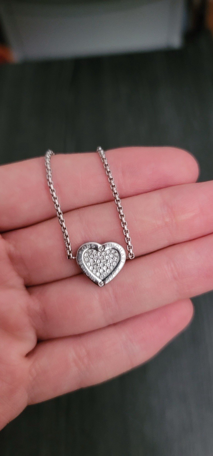 Michael Kors Silver Tone Box Chain Heart Charm Pendant Clear Crystal Pavé