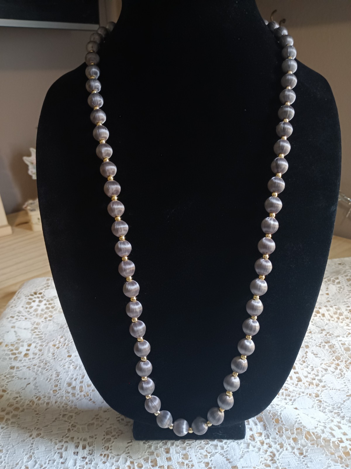 vintage Gray Beaded Necklace Round Beads Gold Tone Spacer Beads 16in No Stone