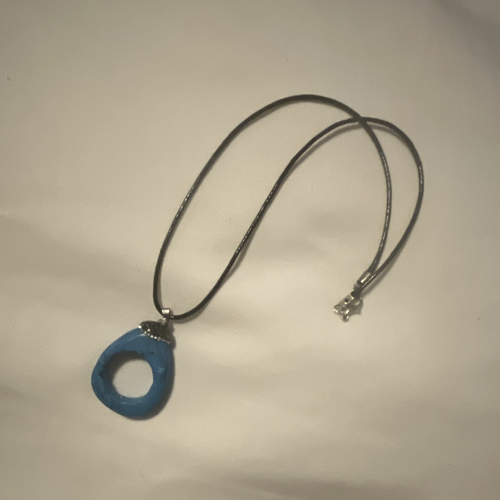 Blue Glass Teardrop Pendant Necklace on Black Cord Chain, Lobster Closure