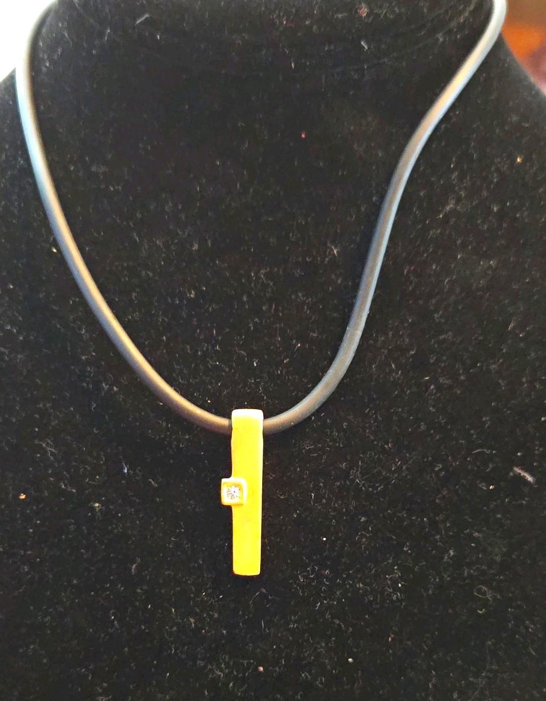 Gold Tone Rectangle Bar Pendant W/ Glass Stone Black Cord Choker Necklace Adj