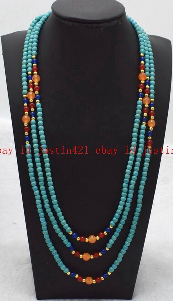 3 Rows Genuine 4mm Blue Turquoise Round Gemstone Beads Necklace Jewelry 18-20″