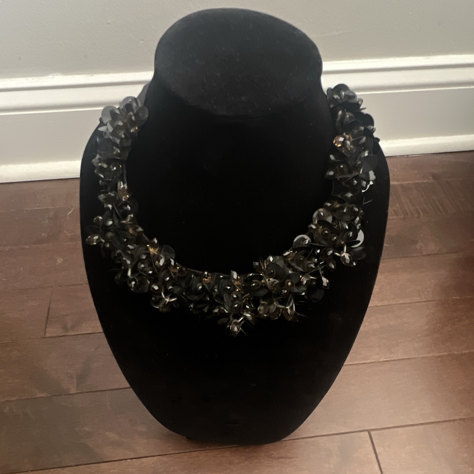 J.Crew Black Crystal Bib Statement Necklace Ribbon Tie Closure Adjustable Signed