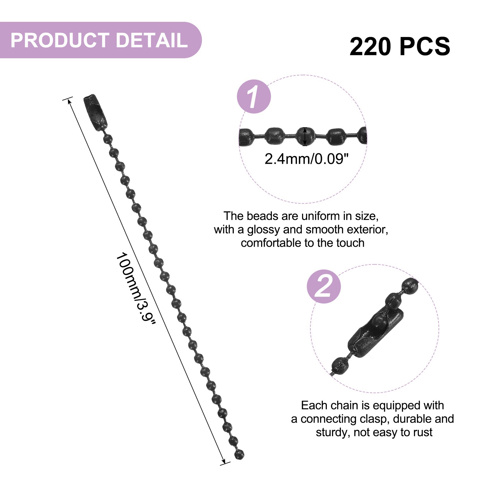 220pcs 100mm Metal Ball Bead Chain Clasp Black