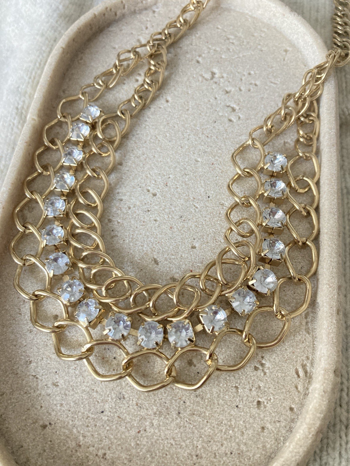 Gold Tone Clear Rhinestone Chain Necklace Multi Strand Statement Bold Runway