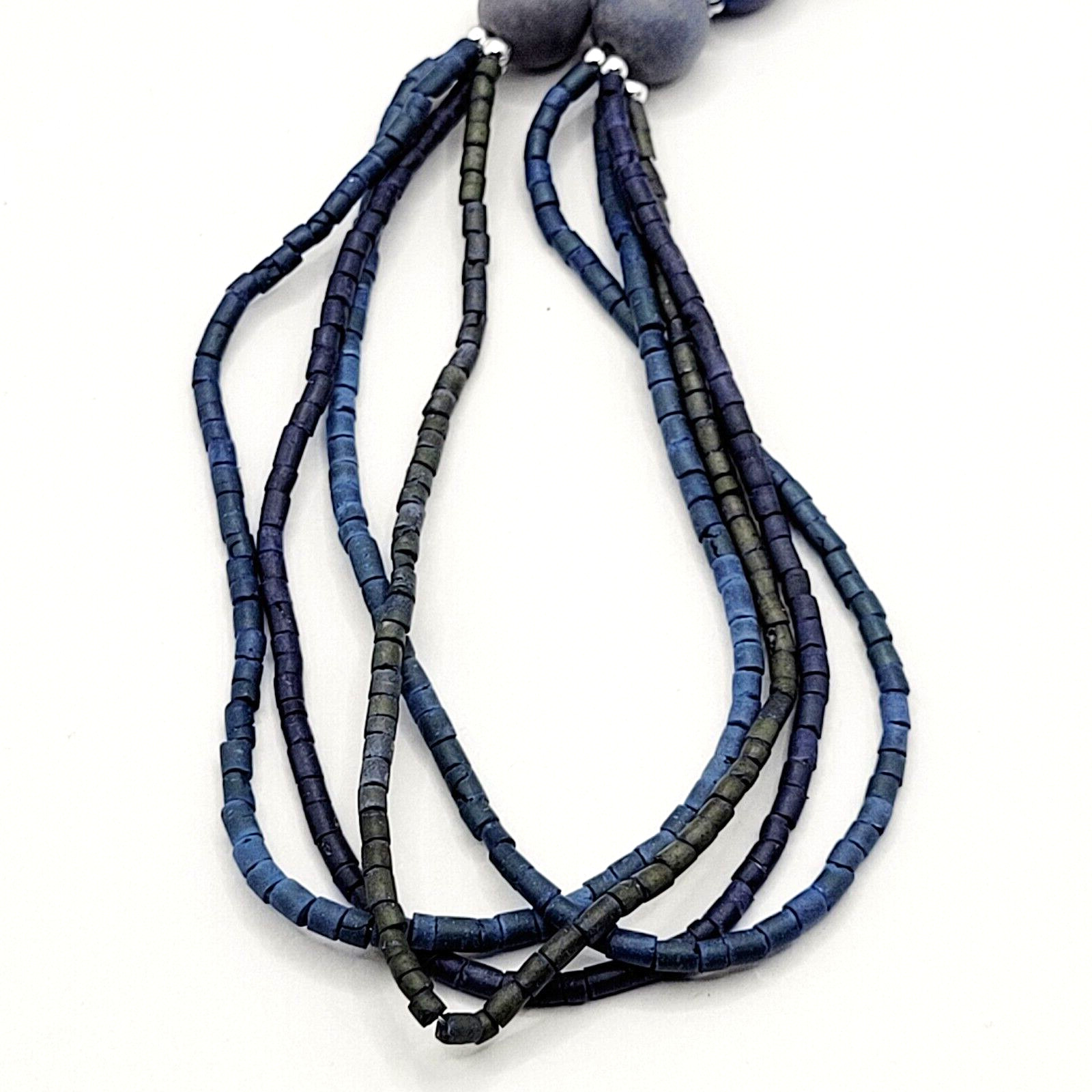 Mixed Material Wood Glass Metal Blue Heishi Style Multi Strand Beaded Necklace