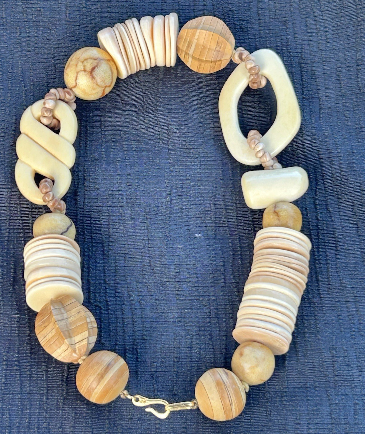 Vintage Signed Kai-Yin-Lo, KYL Carved Wood & Bone Beaded Choker