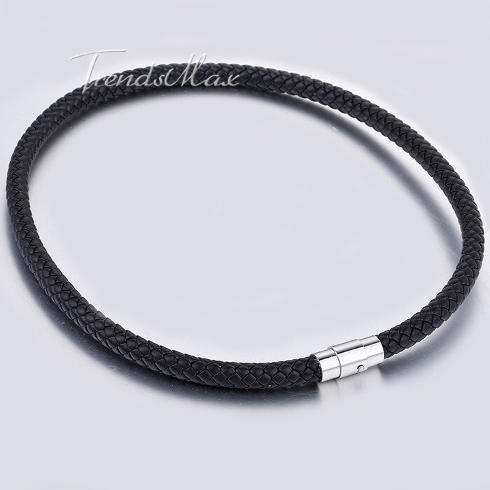 4/6/8MM Mens Black Braided Cord Rope Leather Necklace Choker w/ Magnetic Clasp