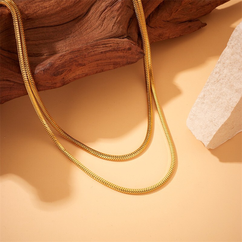 Woman 18K Gold Plated Stainless Steel Square Snake Chain 2 Layers Chain Necklace