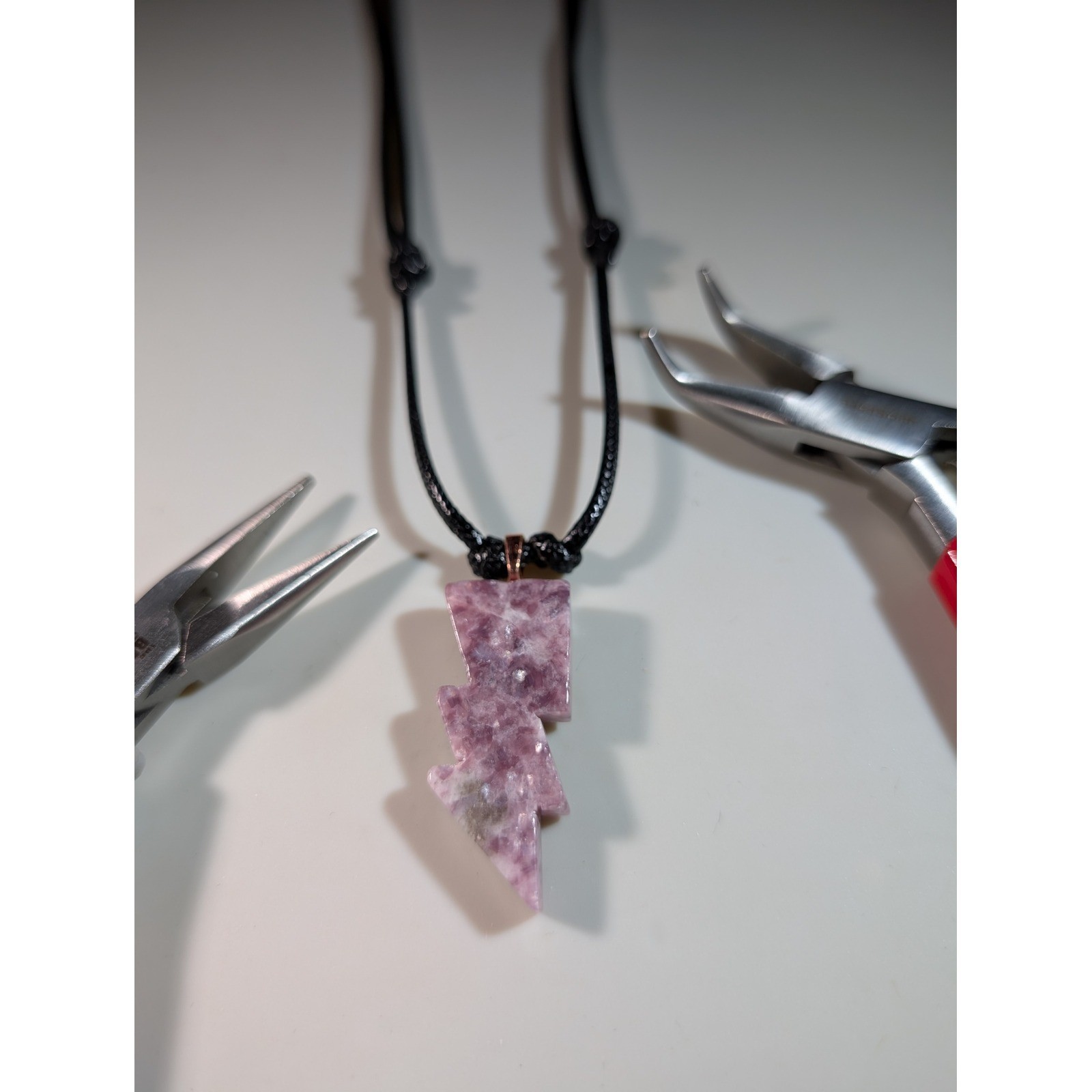 Purple Lepidolite Lightning Bolt Pendant Necklace Adjustable Black Cord 14-27in