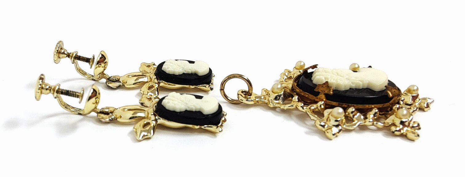 Vintage Faux Cameo Jewelry Pendant & Clip On Earrings Black & White Gold Tone