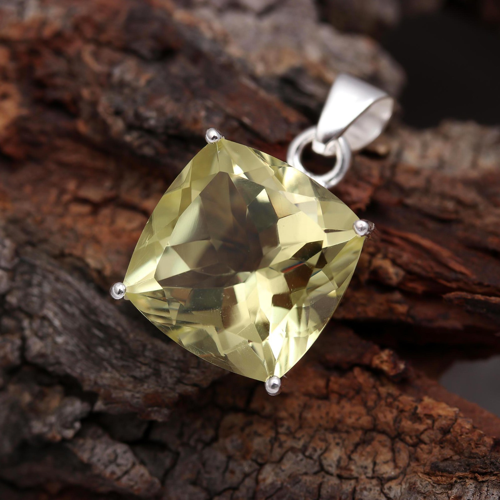 Natural Lemon Quartz Cushion Pendant 925Sterling Silver Handmade Jewelry For Her