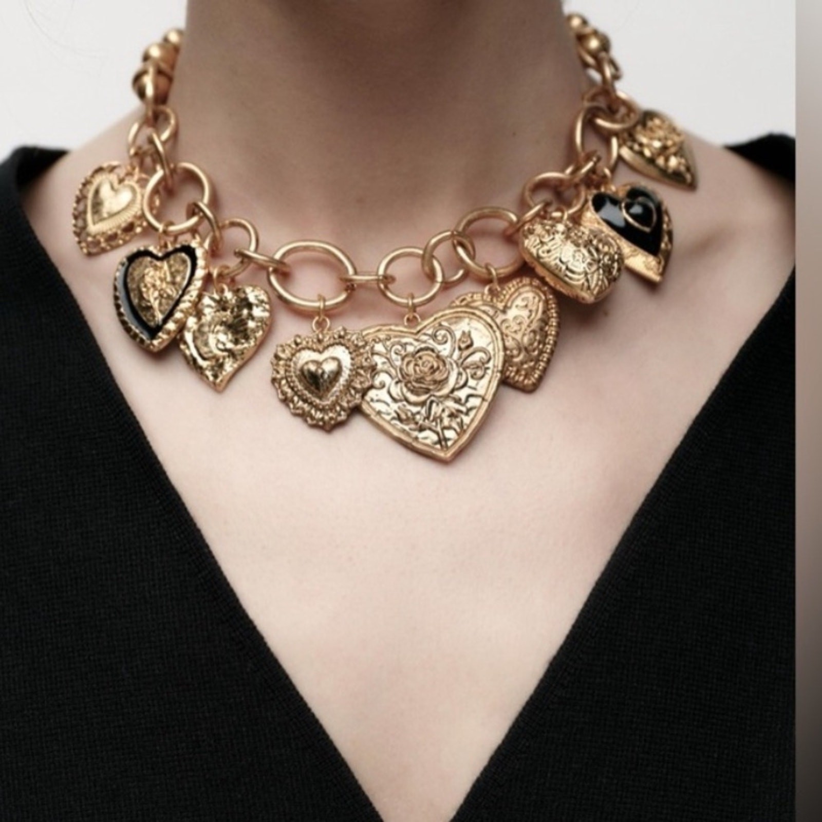 Zara Golden Heart Charms Metal Links Necklace Statement Jewelry Gold Maximalism