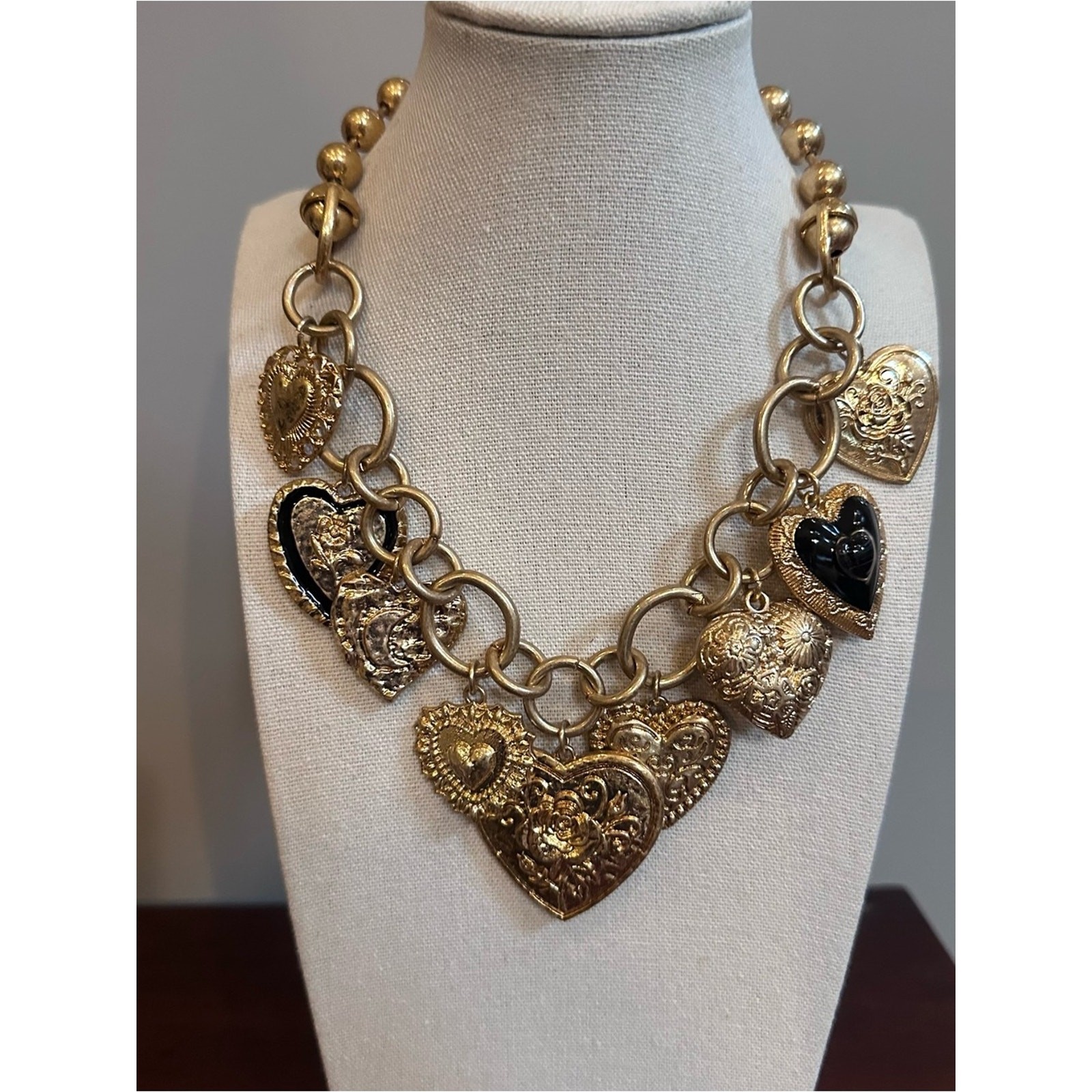Zara Golden Heart Charms Metal Links Necklace Statement Jewelry Gold Maximalism
