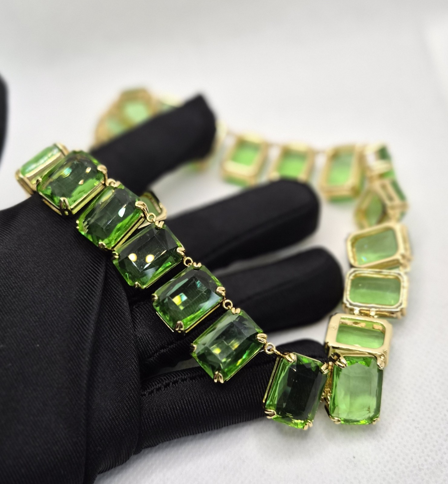 Tennis Necklace Earrings Crystal Octagon Green Gold Tone Set Inspired Millenia
