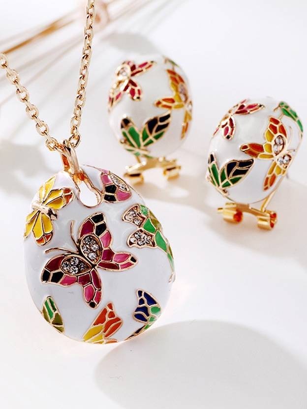 Colorful Butterfly Pendant Necklace and Earrings Set Gold Plated Enamel Jewelry