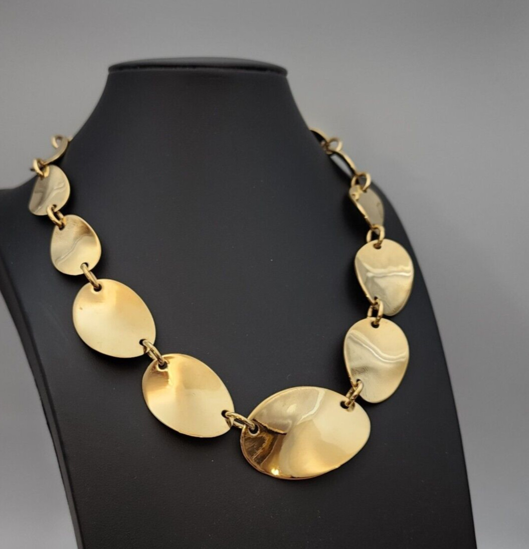 Vtg Choker Francesca Visconti Graduated Waved Ovals Shiny Gold Tone Necklace 16″