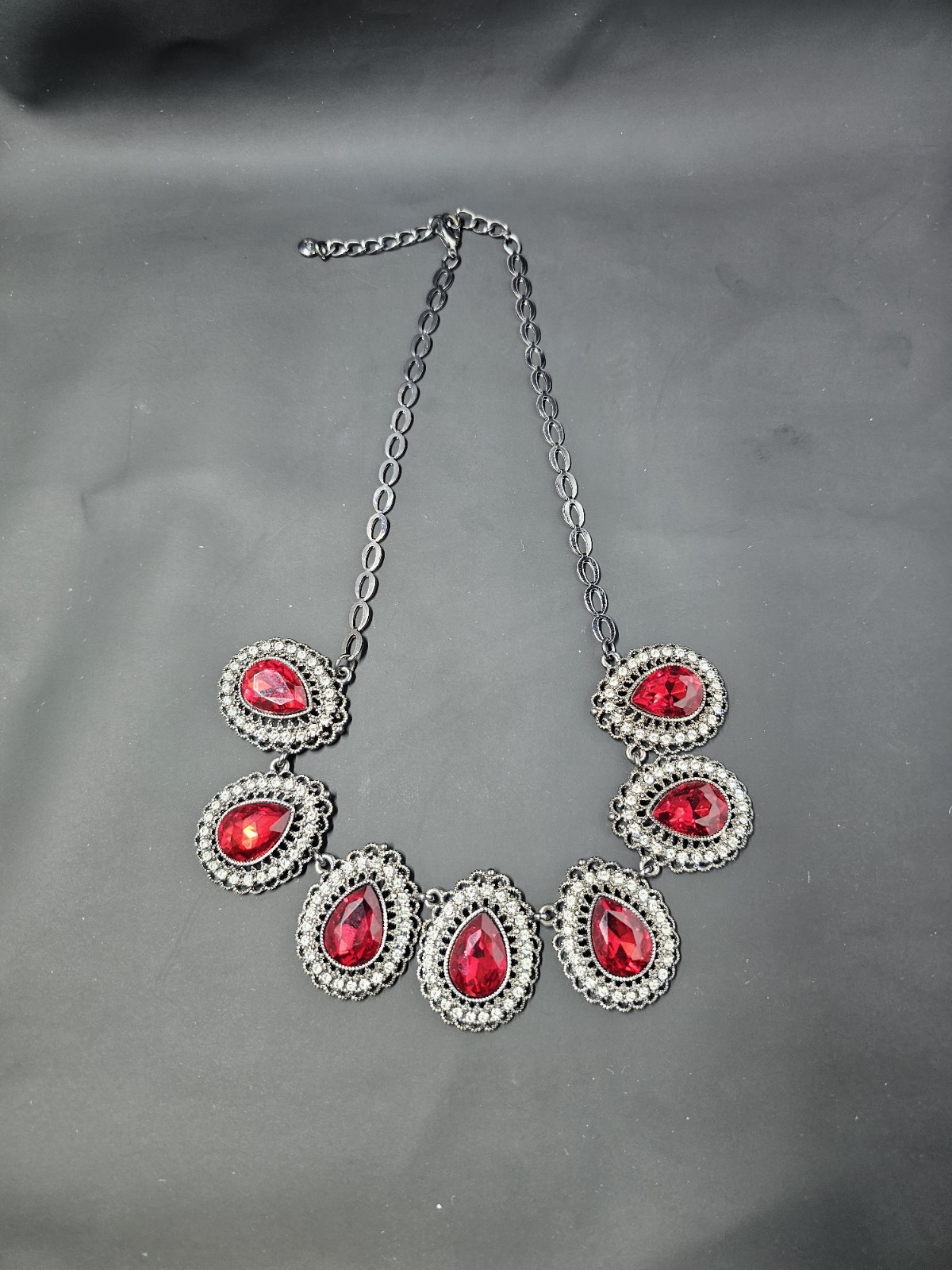Versona Red & Clear Rhinestone Black Metal Teardrop Statement Necklace, 18″