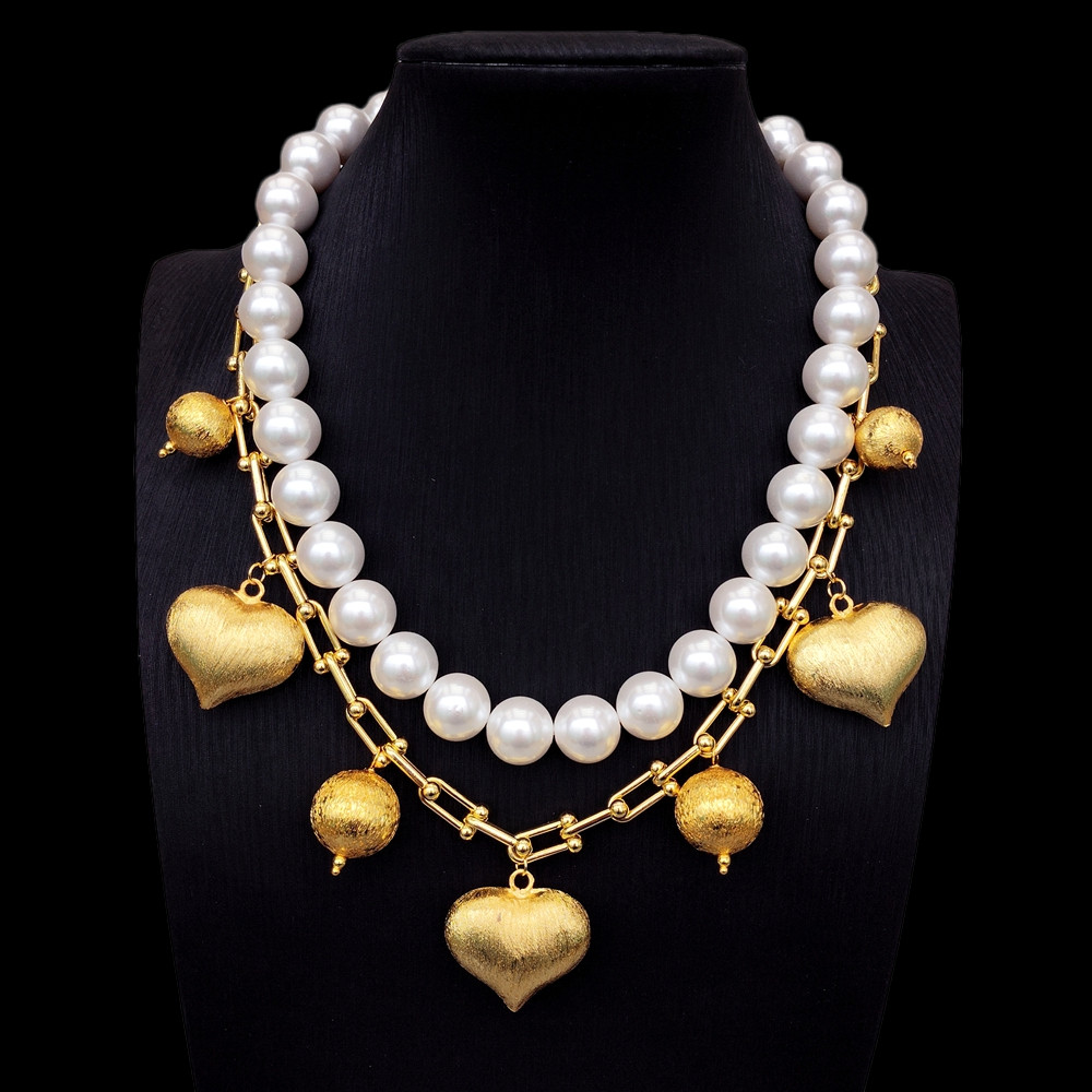 2 Strands White Sea Shell Pearl Gold Plated Brushed Heart Charm Chain Necklace