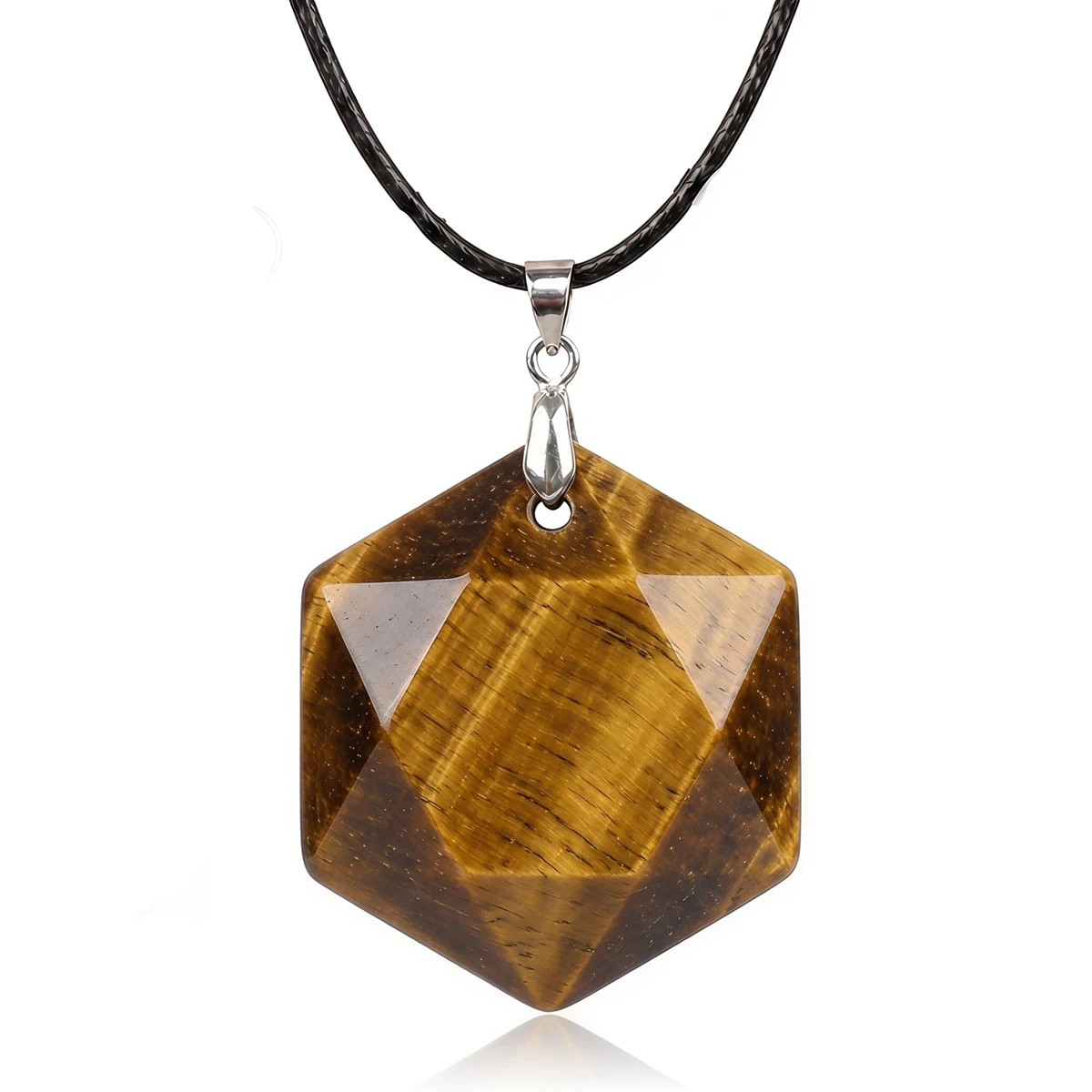 6PCS 22mm Faceted Hexagon Stone Necklace with Black Rope Chain Jewelry Gift