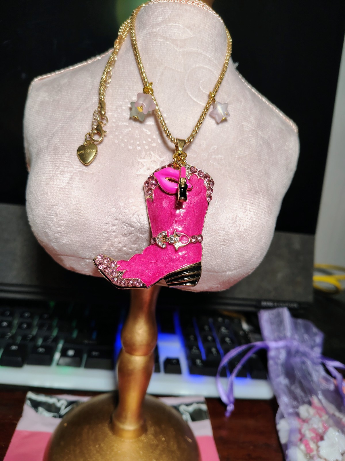 Betsey Johnson Hot Pink Boot And Charms Necklace