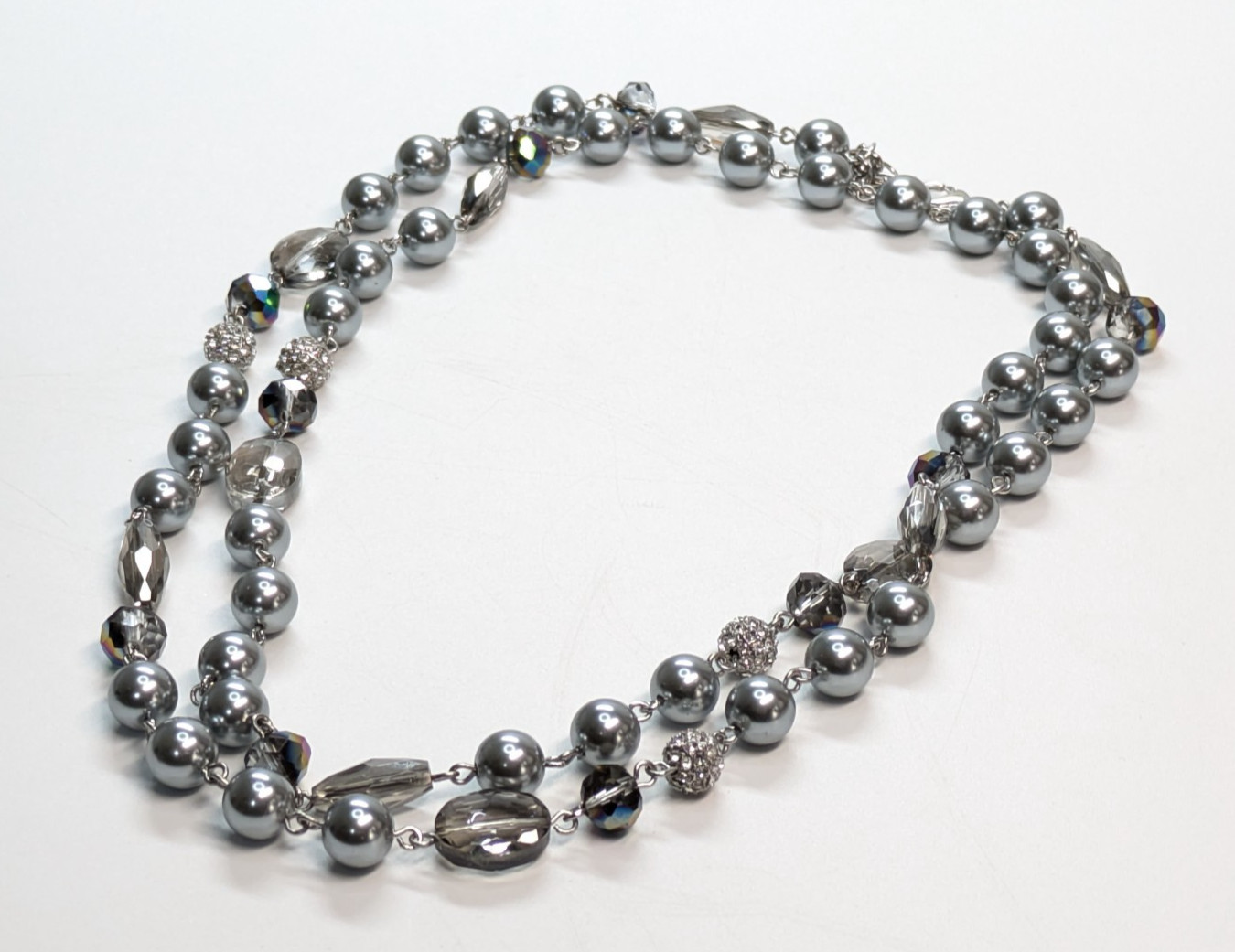 Charter Club Gray/Blue Faux Pearl Crystal Rhinestone Beaded Silver 46″ Necklace