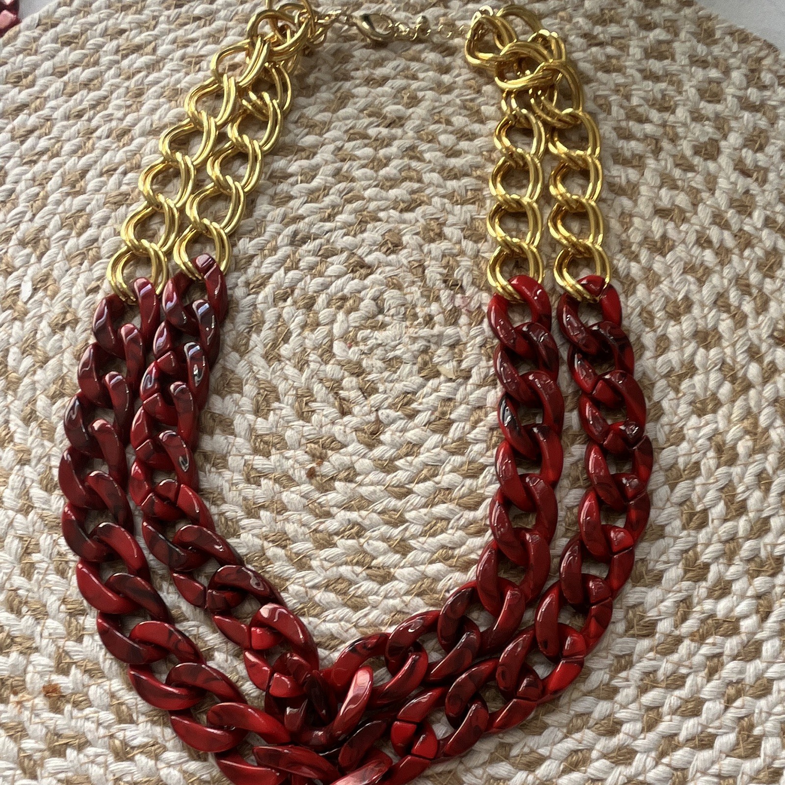 Red & Gold Plastic Curb Link Chunky Chain Statement Necklace, Lobster Clasp