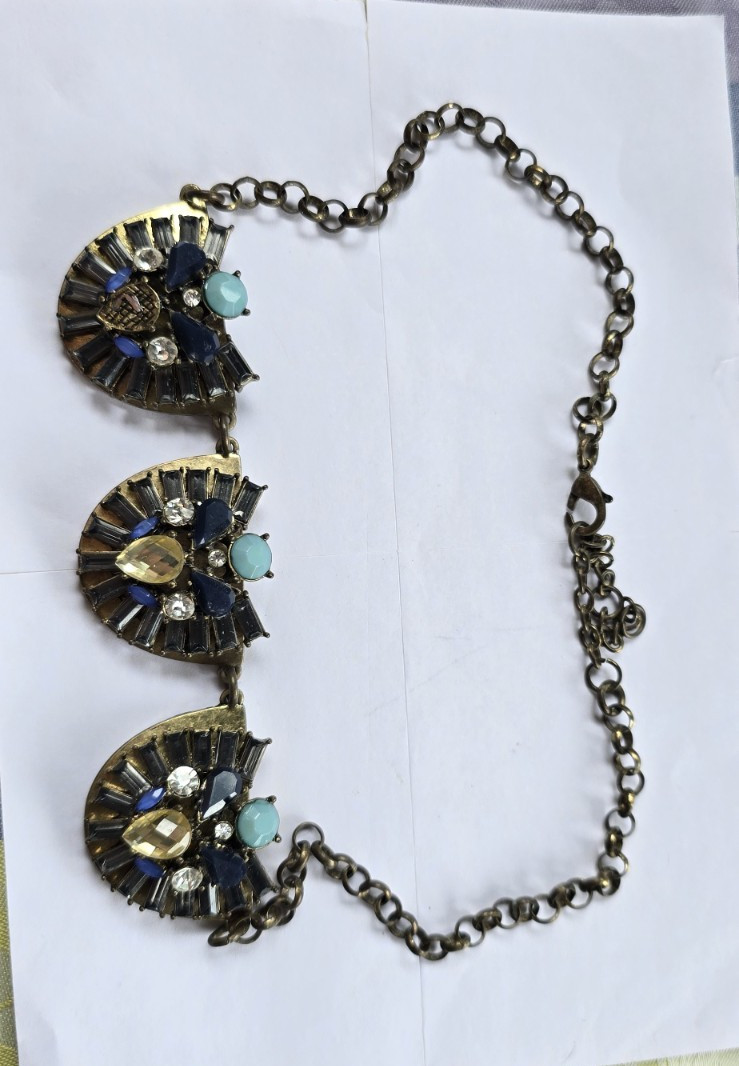 Gold Tone Statement Ball/Bead Chain Necklace w/ Blue Crystal Rhinestone Cluster