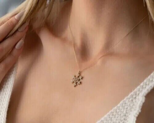 Round Cut Simulated Diamond Snowflake Shape Pendant Chain 14k Yellow Gold Plated