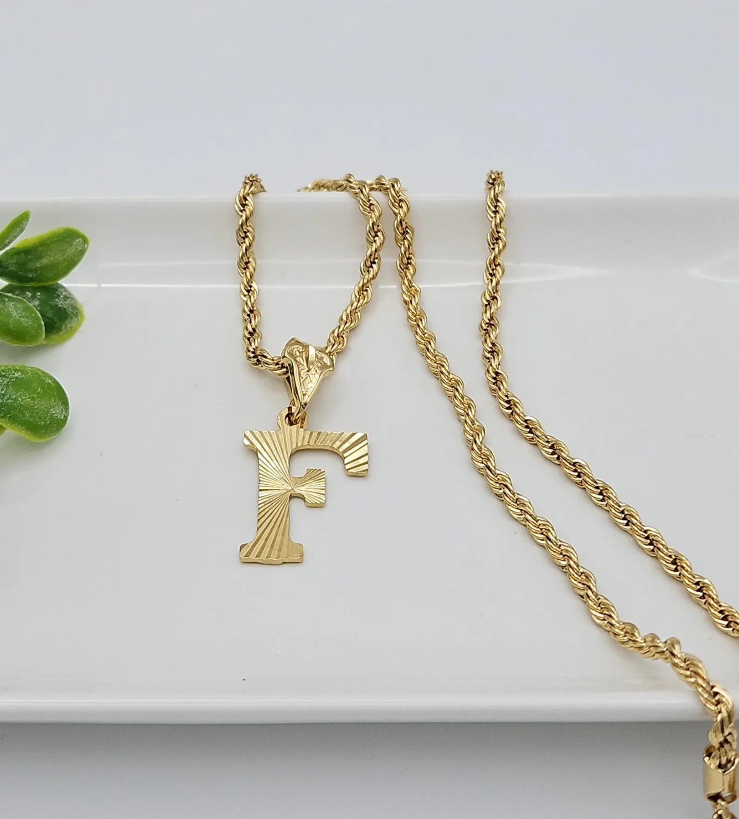 Gold Initial Necklace, 3.5mm French Rope Chain, 14k Heavy Plated Gold