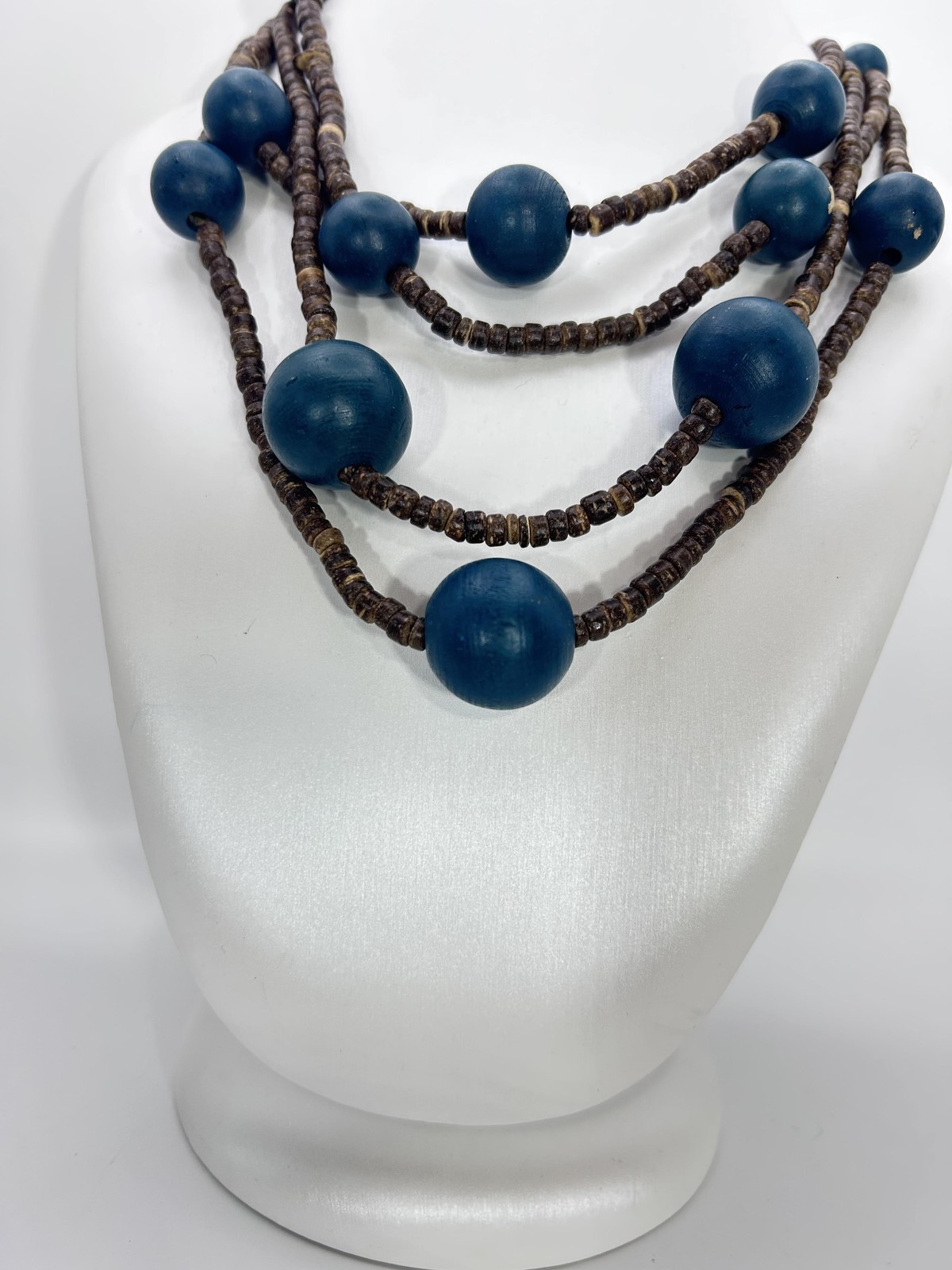 Necklace Plunder Blue Wood Beaded Layered Chunky Statement Boho Lobster Clasp