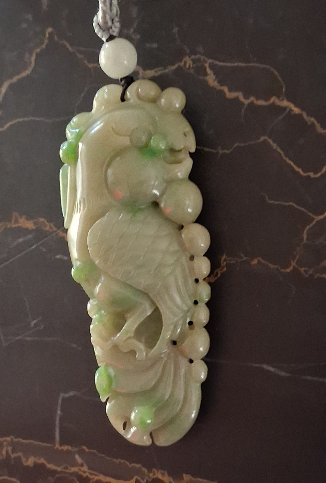 Certified Green Jade Carved Animal Charm Pendant Necklace on Cord Asymmetrical