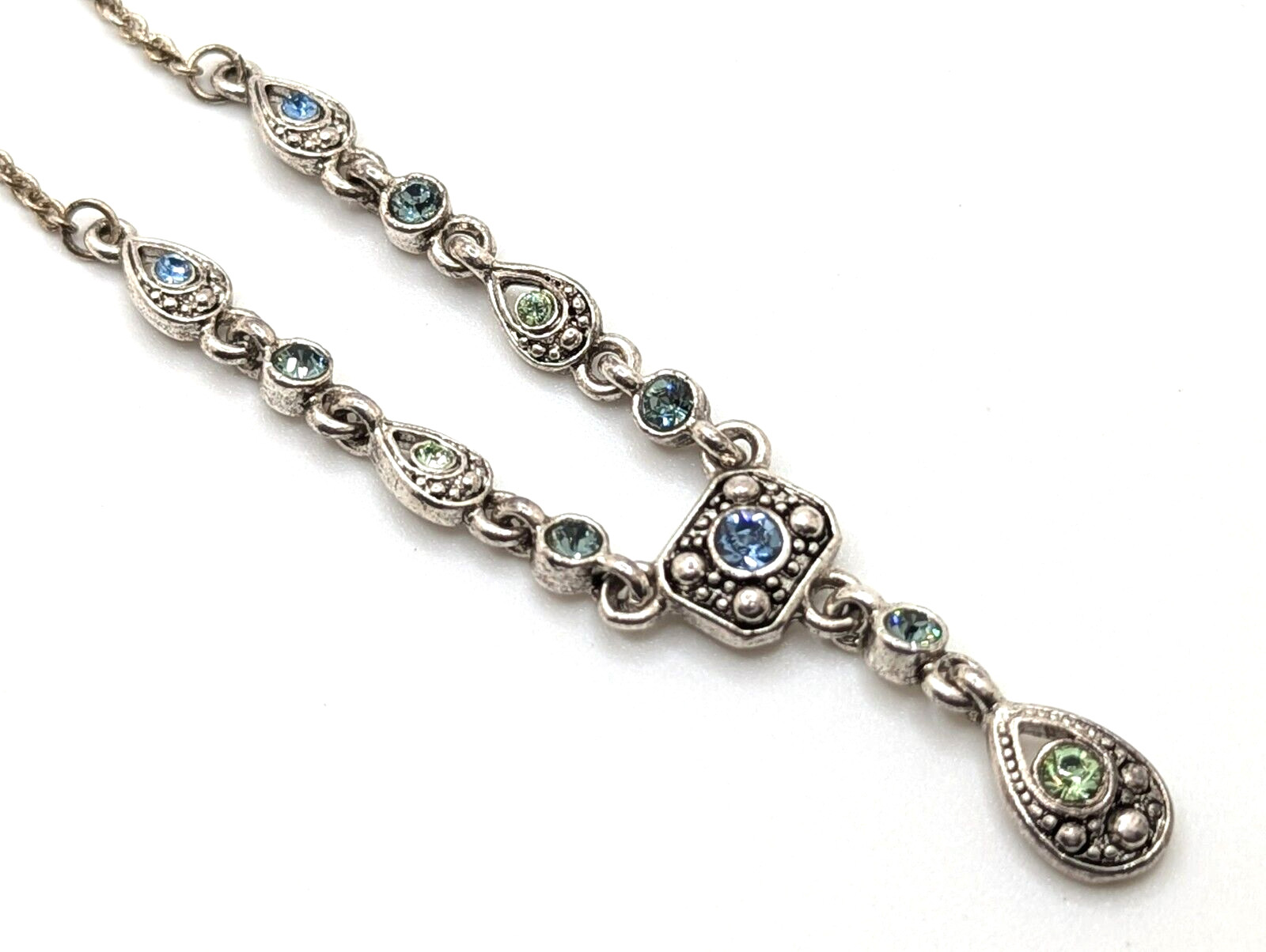 Vtg Trifari Blue Green Rhinestones Art Deco Silver Tone Y Drop Lariat Necklace