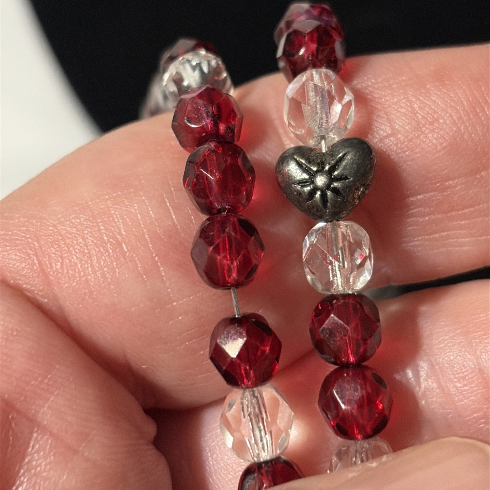 Love! Heart Red Clear Crystal Faceted Beaded Strand Necklace Toggle Closure 21″