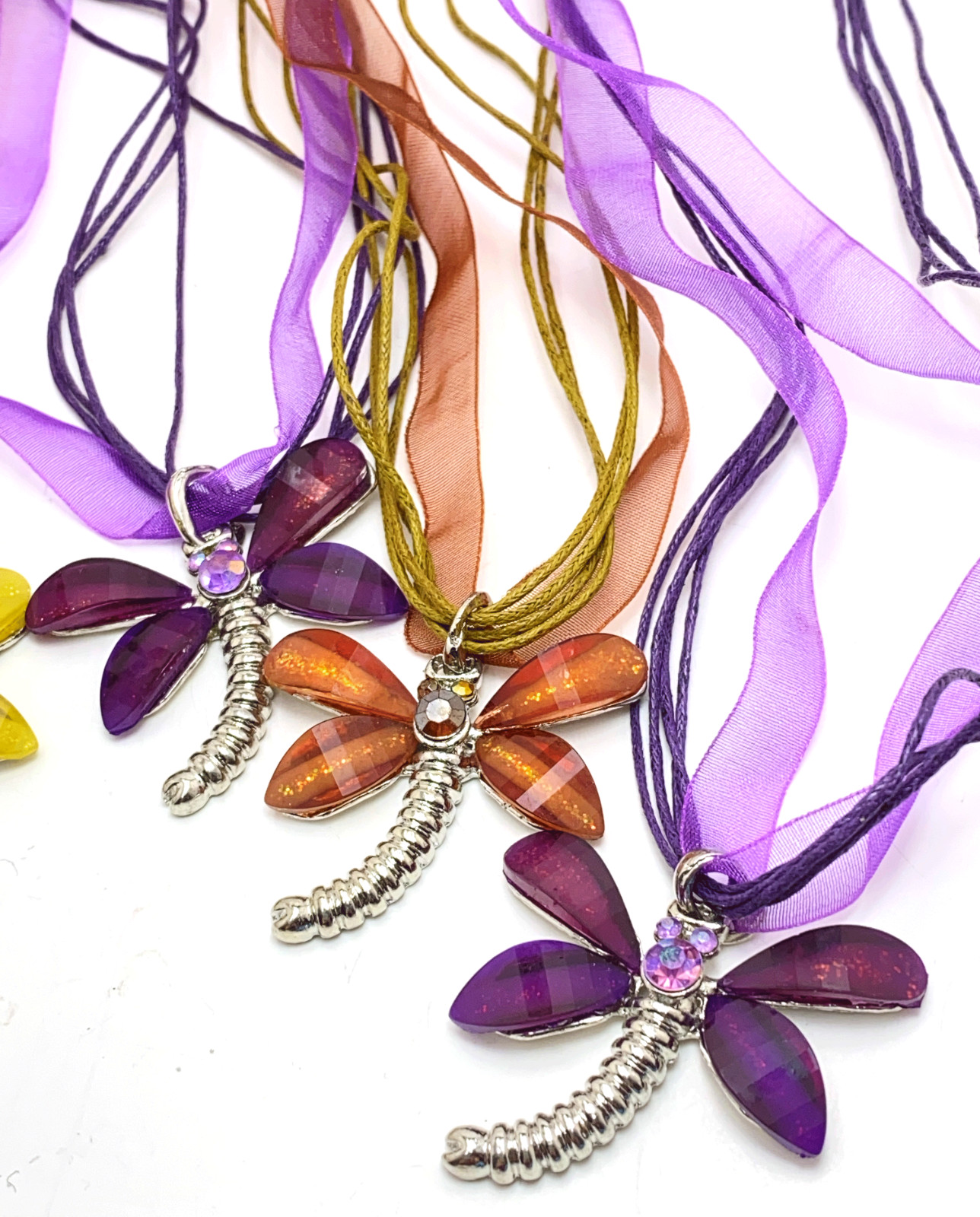 Necklace Lot 6 Dragonfly Butterfly Resin Pendant Purple Pink Yellow Boho