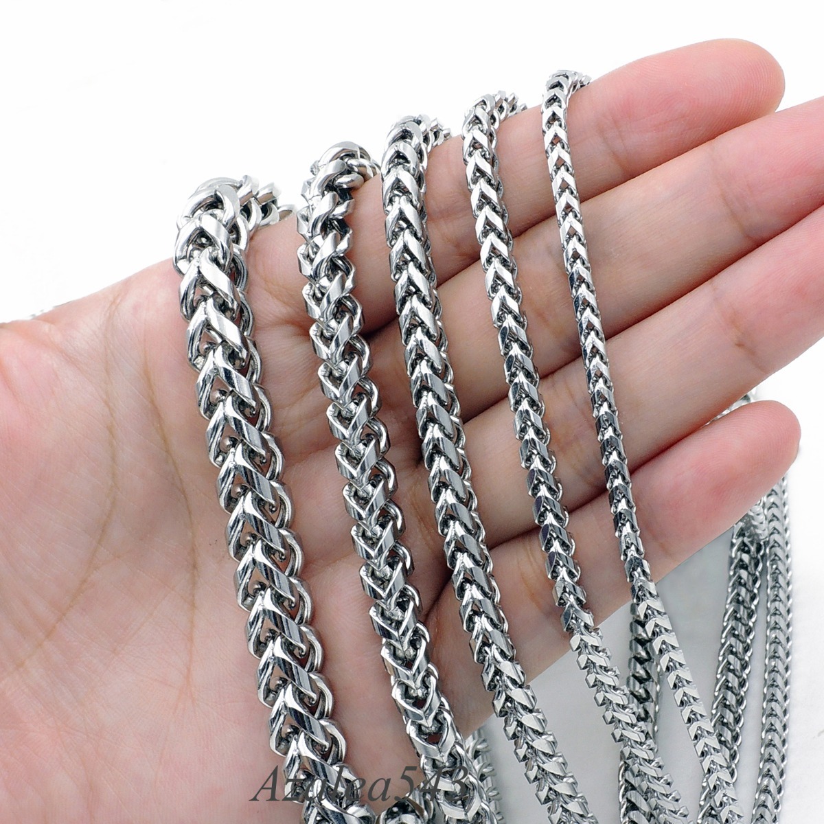 Square Wheat Braided 3/4/5/6/8MM 18″~36″ Silver Stainless Steel Chain Necklace