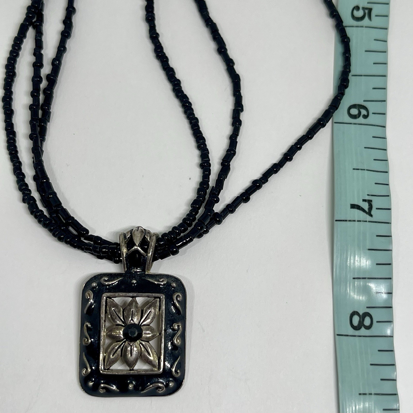 Lady Remington Black Enamel Flower Pendant Gold Wash Tone Black Bead Necklace