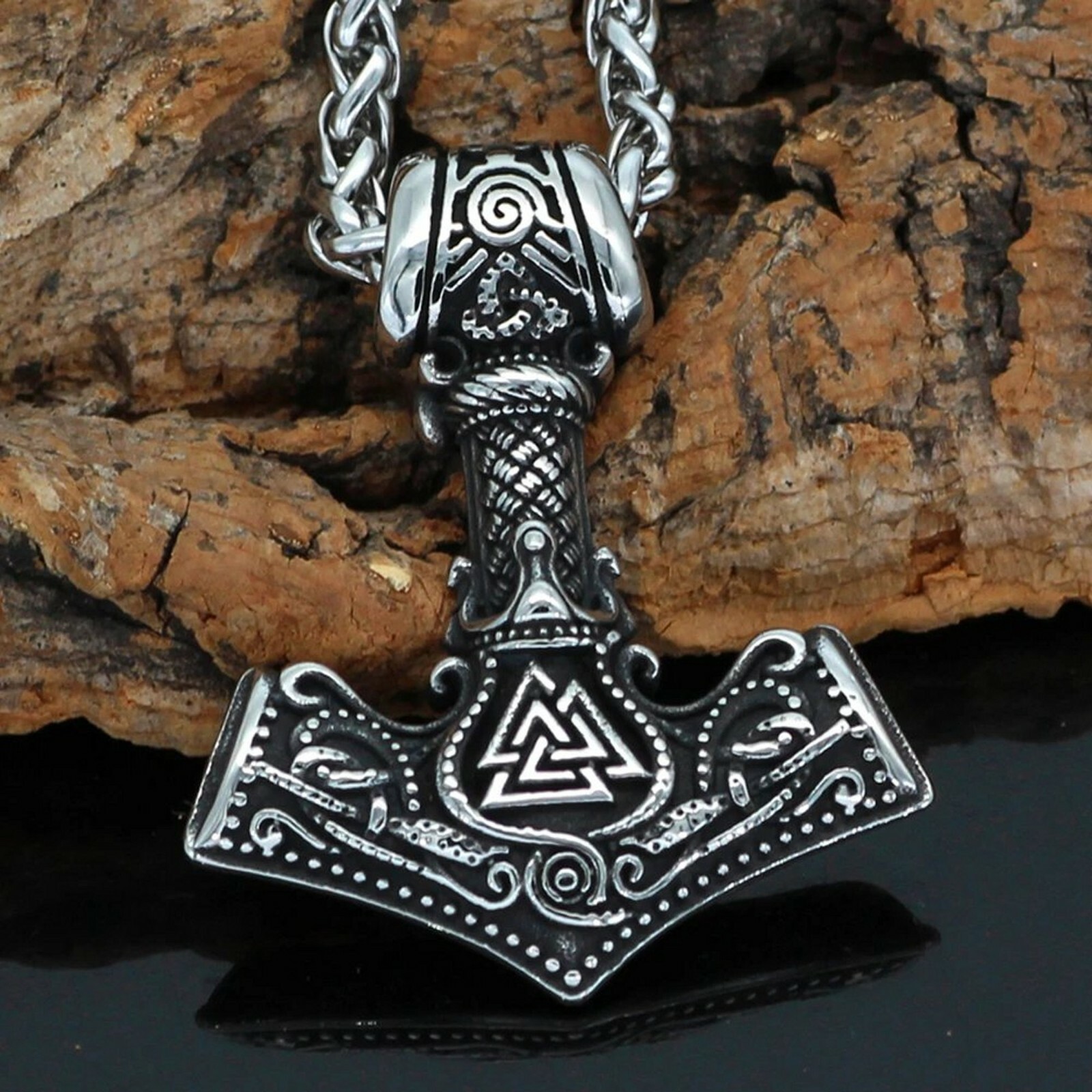 Norse Valknut Thors Hammer Necklace Silver Stainless Steel Viking Pendant Chain